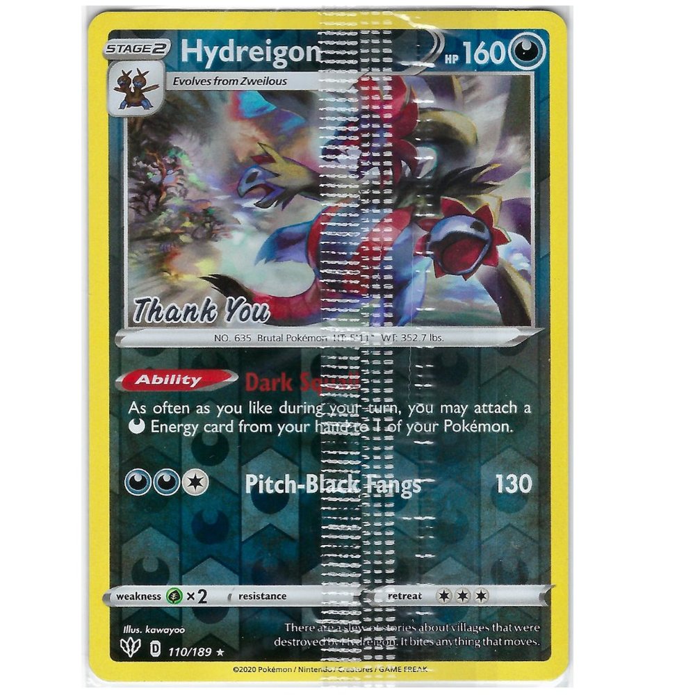 Hydreigon Reverse Holo 110 Rare Thank You' Promo Pokémon 2020 Sealed Mint